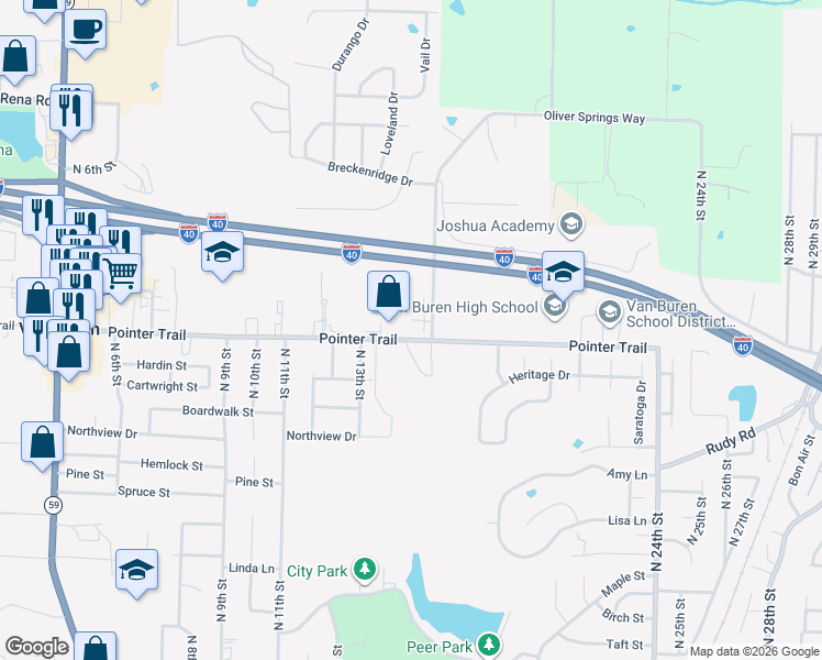 map of restaurants, bars, coffee shops, grocery stores, and more near 1372-1414 Pointer Trail in Van Buren