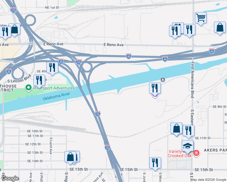 map of restaurants, bars, coffee shops, grocery stores, and more near N US Highway 77 in Oklahoma City