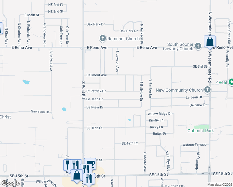 map of restaurants, bars, coffee shops, grocery stores, and more near 10251 Le Jean Drive in Midwest City