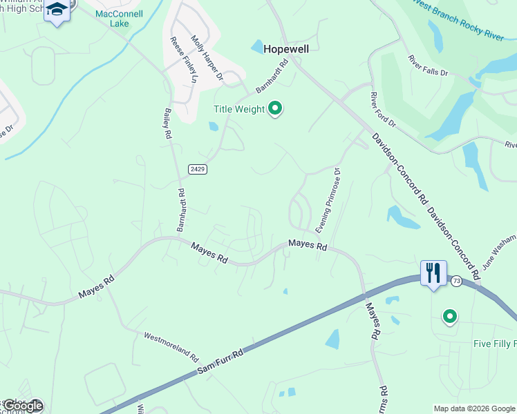map of restaurants, bars, coffee shops, grocery stores, and more near 13415 Mayes Road in Huntersville