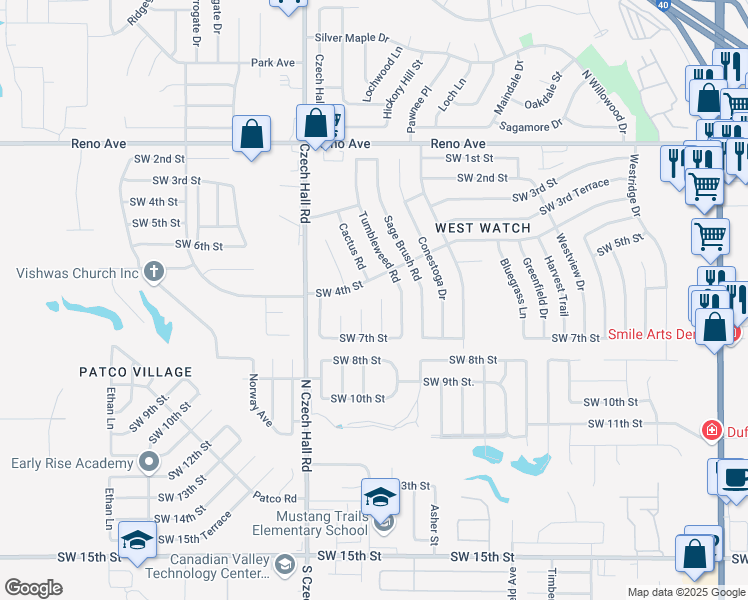 map of restaurants, bars, coffee shops, grocery stores, and more near 609 Cactus Court in Yukon
