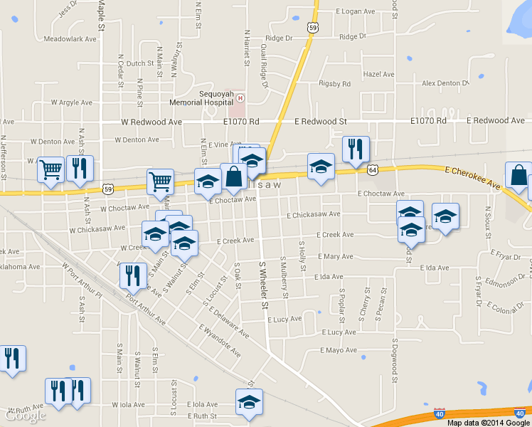 map of restaurants, bars, coffee shops, grocery stores, and more near in Sallisaw