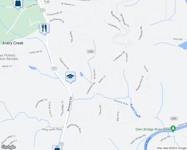 map of restaurants, bars, coffee shops, grocery stores, and more near 16 Locole Drive in Arden