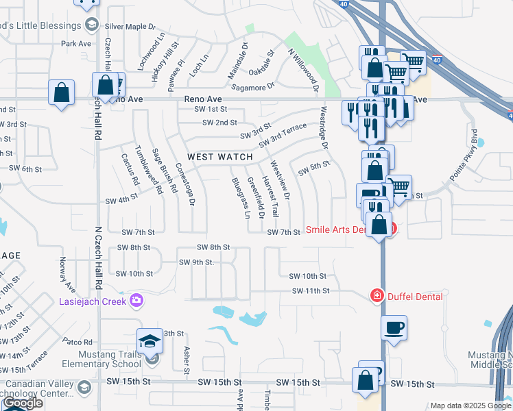 map of restaurants, bars, coffee shops, grocery stores, and more near 617 Greenfield Drive in Yukon