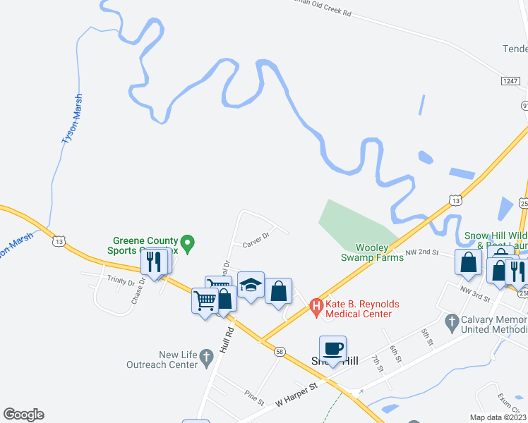map of restaurants, bars, coffee shops, grocery stores, and more near 322 Pineshoal Drive in Snow Hill