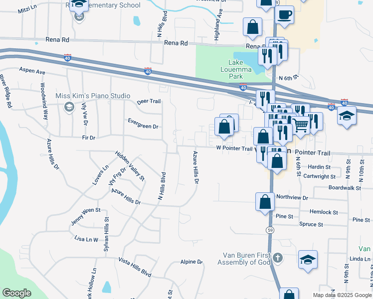 map of restaurants, bars, coffee shops, grocery stores, and more near 305 Pointer Trail in Van Buren