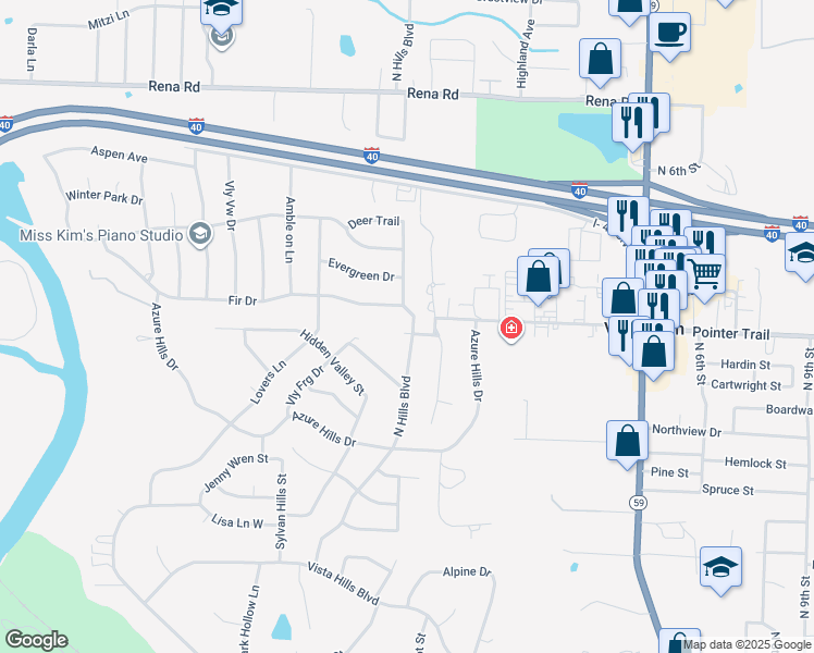 map of restaurants, bars, coffee shops, grocery stores, and more near 612 Kitty Hawk Street in Van Buren