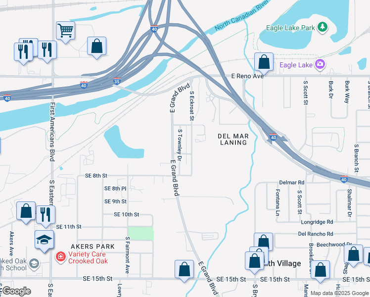 map of restaurants, bars, coffee shops, grocery stores, and more near 600 South Townley Drive in Oklahoma City