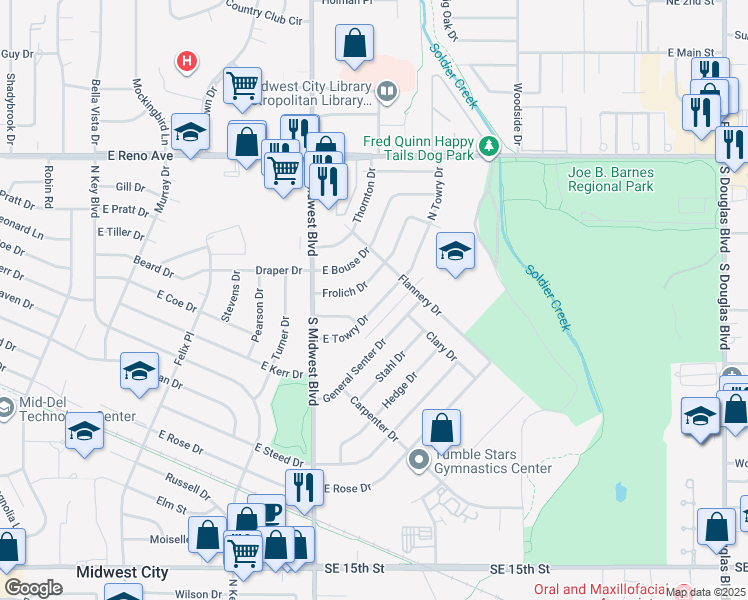 map of restaurants, bars, coffee shops, grocery stores, and more near 813 East Towry Drive in Midwest City