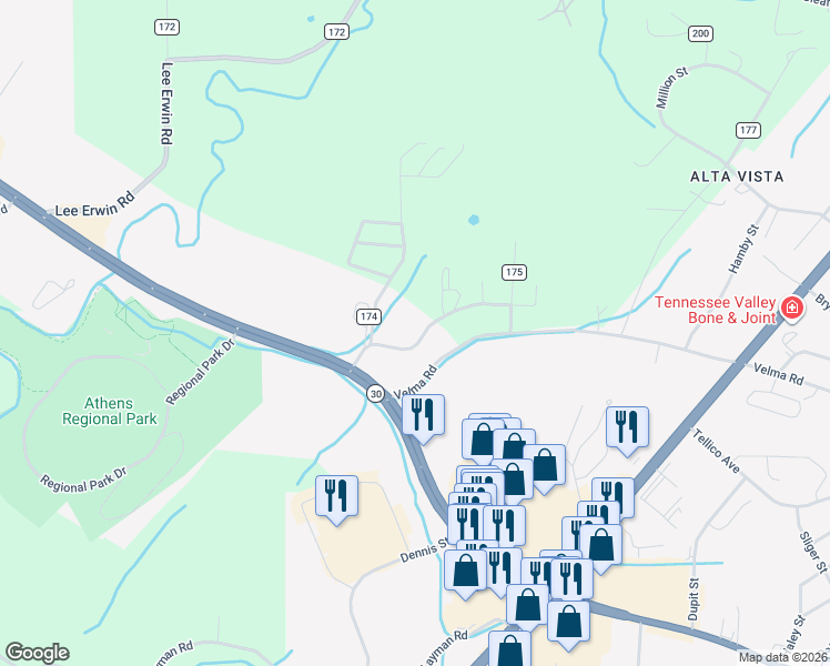 map of restaurants, bars, coffee shops, grocery stores, and more near 2520 Sullins Road in Athens
