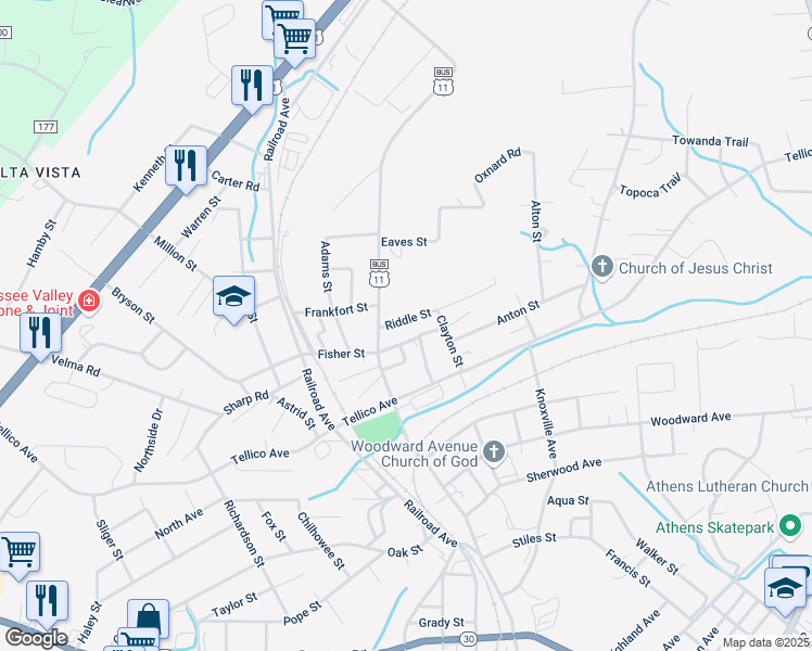 map of restaurants, bars, coffee shops, grocery stores, and more near 310 Fisher Street in Athens