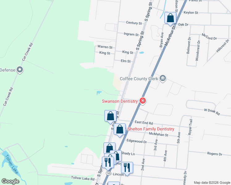 map of restaurants, bars, coffee shops, grocery stores, and more near 1600 Old Tullahoma Highway in Manchester
