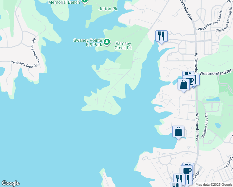 map of restaurants, bars, coffee shops, grocery stores, and more near 18101 Arbor Place in Cornelius