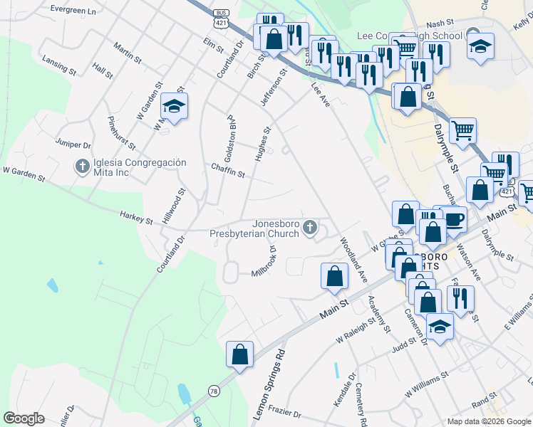 map of restaurants, bars, coffee shops, grocery stores, and more near 611 Harkey Road in Sanford
