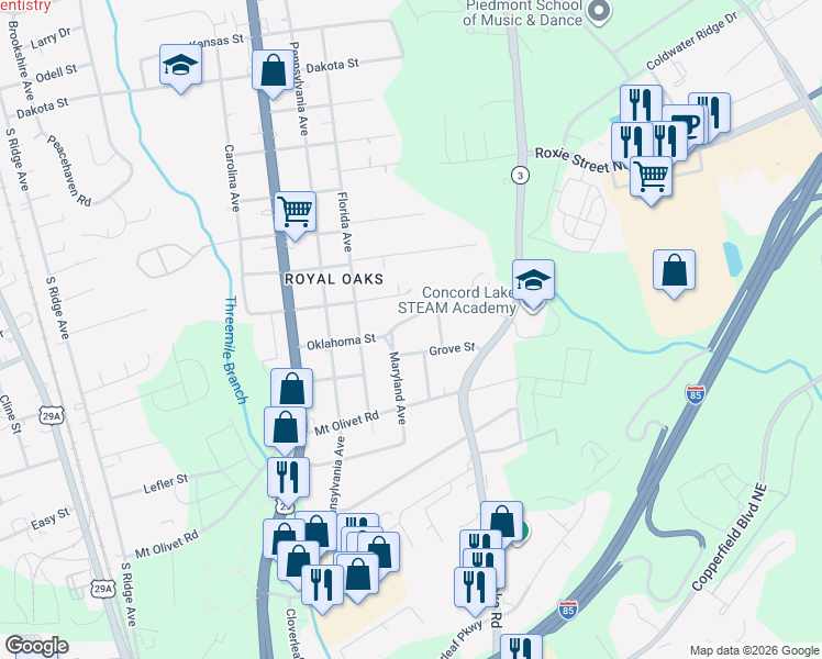 map of restaurants, bars, coffee shops, grocery stores, and more near 1105 Grove Street in Kannapolis
