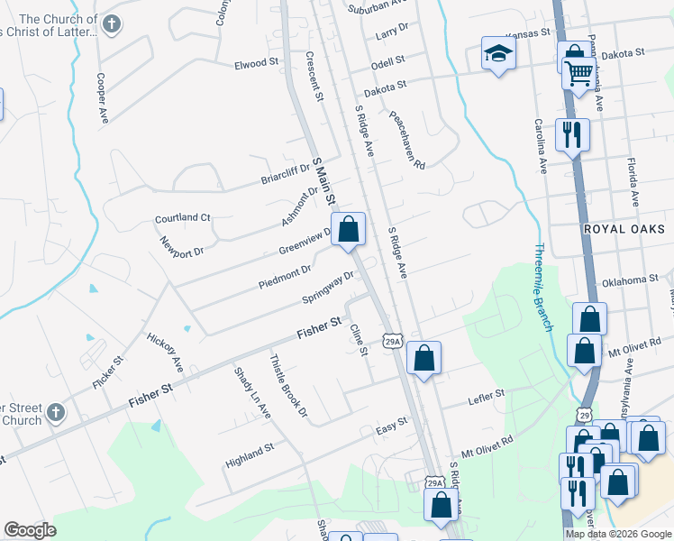 map of restaurants, bars, coffee shops, grocery stores, and more near 107 Springway Drive in Kannapolis