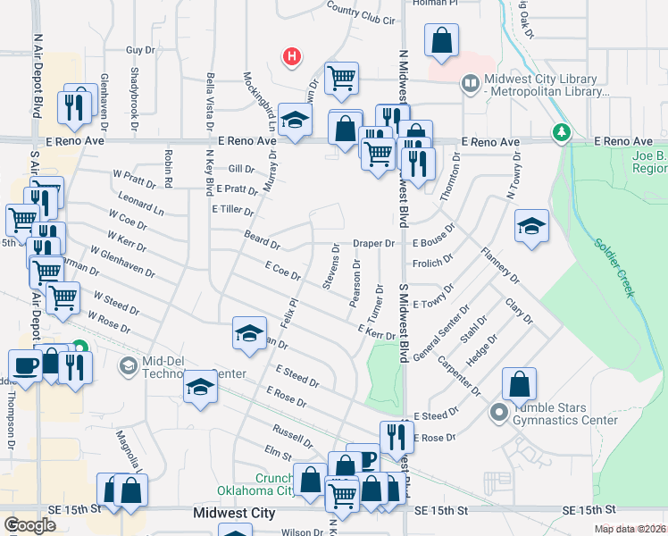 map of restaurants, bars, coffee shops, grocery stores, and more near 313 East Coe Drive in Midwest City