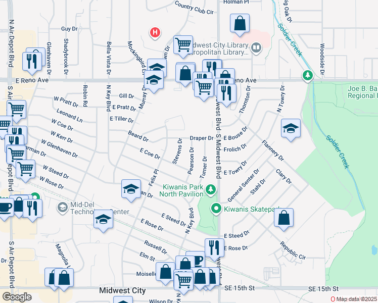 map of restaurants, bars, coffee shops, grocery stores, and more near 2116 Pearson Drive in Midwest City
