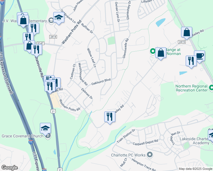 map of restaurants, bars, coffee shops, grocery stores, and more near 10513 Quarrier Drive in Cornelius
