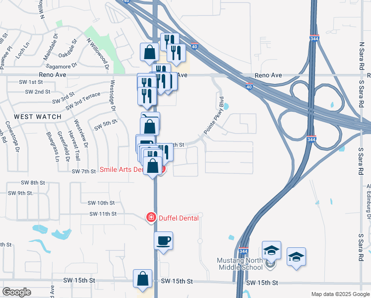 map of restaurants, bars, coffee shops, grocery stores, and more near 11264 Southwest 5th Street in Yukon