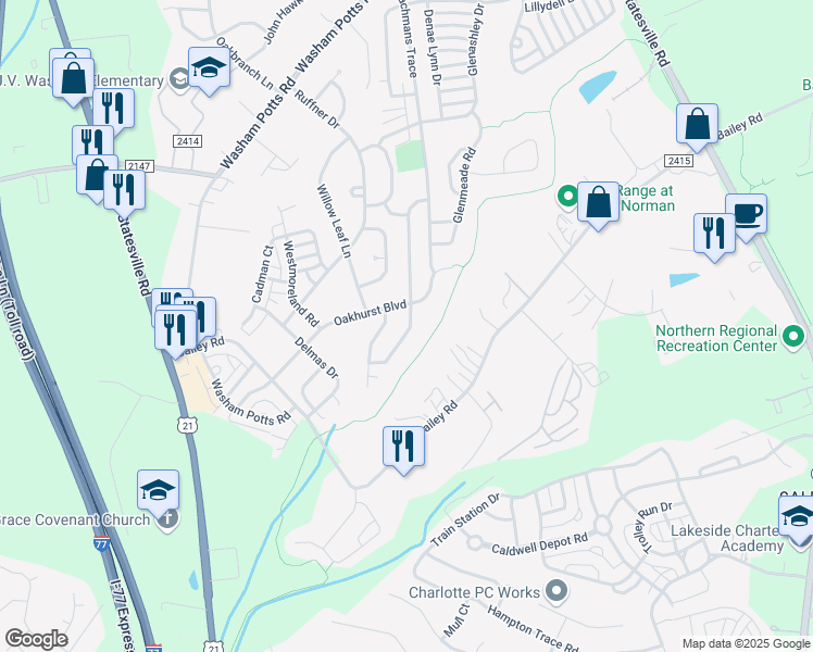 map of restaurants, bars, coffee shops, grocery stores, and more near 19005 Kanawha Drive in Cornelius