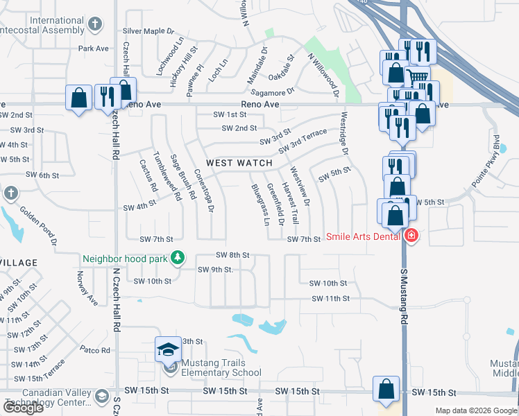 map of restaurants, bars, coffee shops, grocery stores, and more near 609 Bluegrass Lane in Yukon