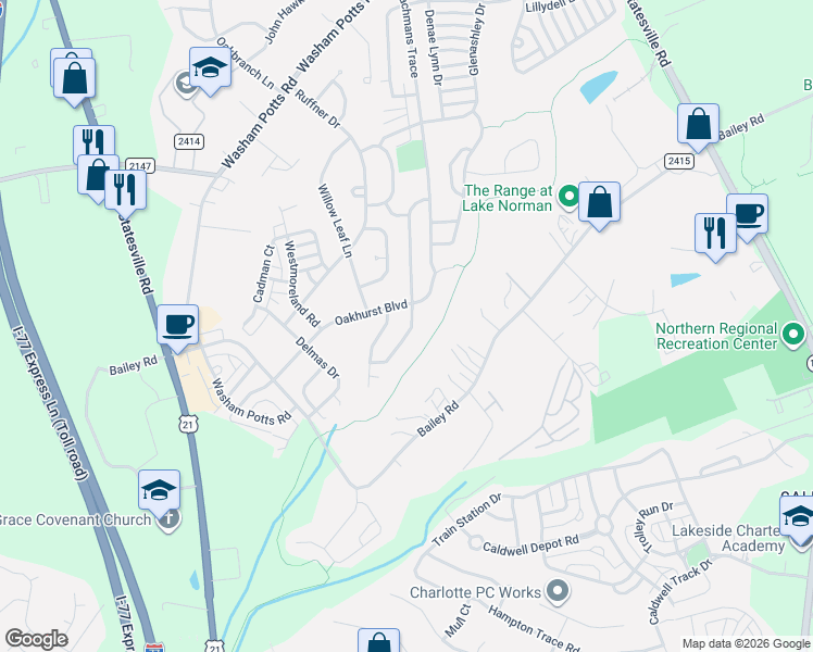 map of restaurants, bars, coffee shops, grocery stores, and more near 18940 Kanawha Drive in Cornelius