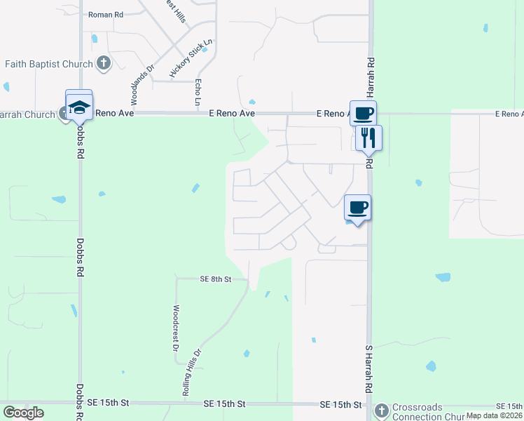 map of restaurants, bars, coffee shops, grocery stores, and more near 20663 Frontier Place in Harrah