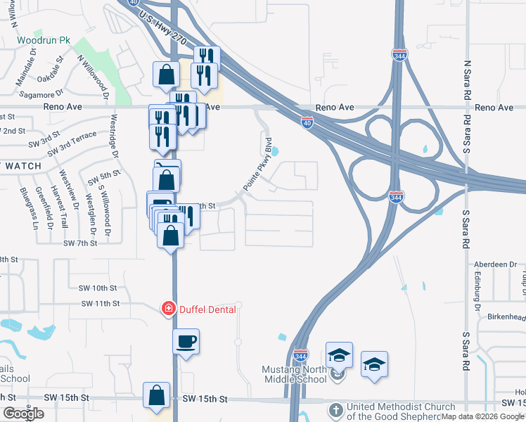 map of restaurants, bars, coffee shops, grocery stores, and more near 11121 Southwest 7th Circle in Yukon