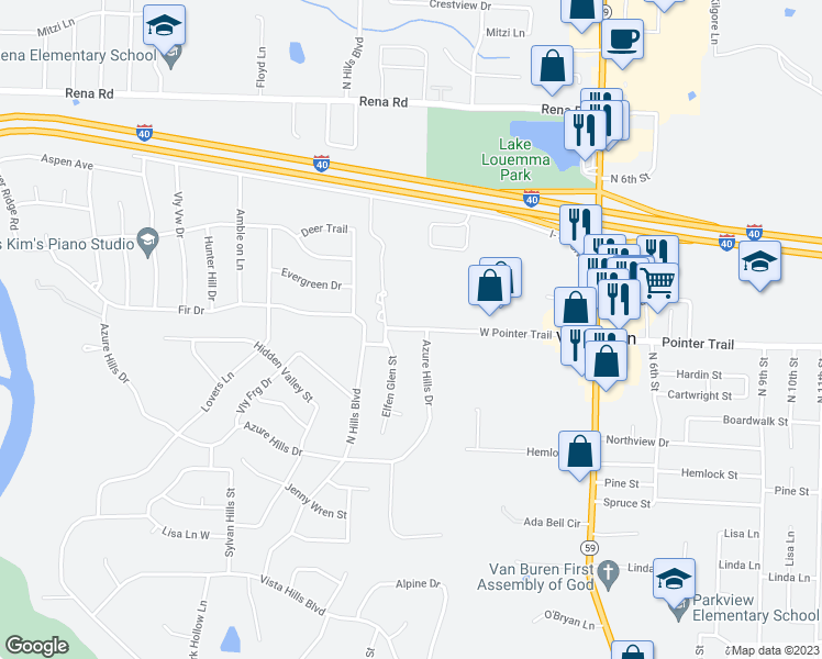 map of restaurants, bars, coffee shops, grocery stores, and more near 299 Pointer Trail in Van Buren