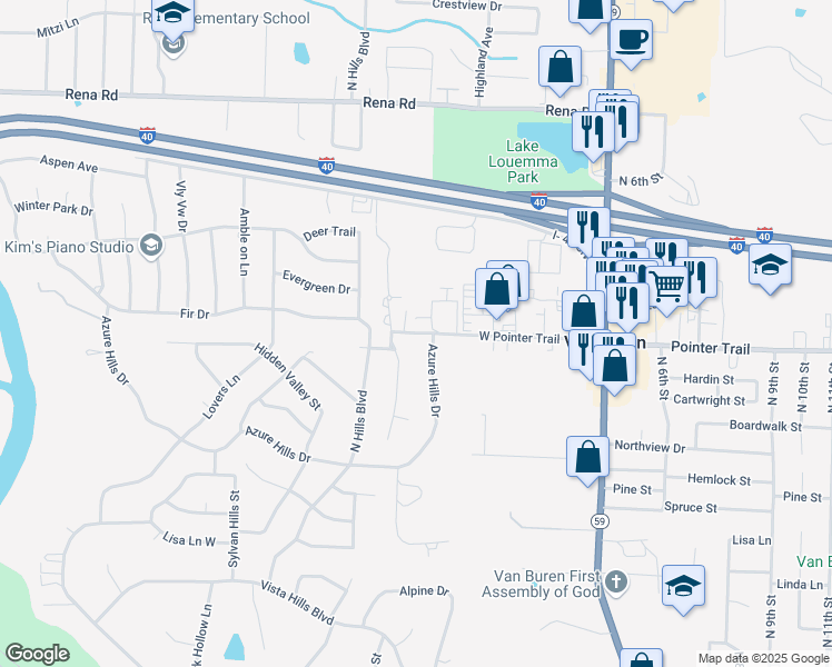 map of restaurants, bars, coffee shops, grocery stores, and more near 301 Pointer Trail in Van Buren