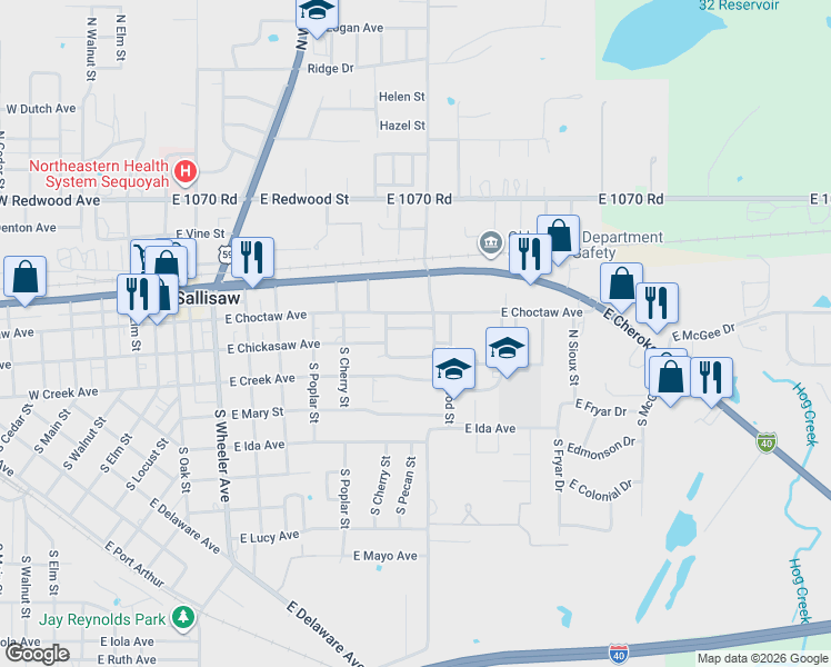 map of restaurants, bars, coffee shops, grocery stores, and more near 861 East Chickasaw Place in Sallisaw
