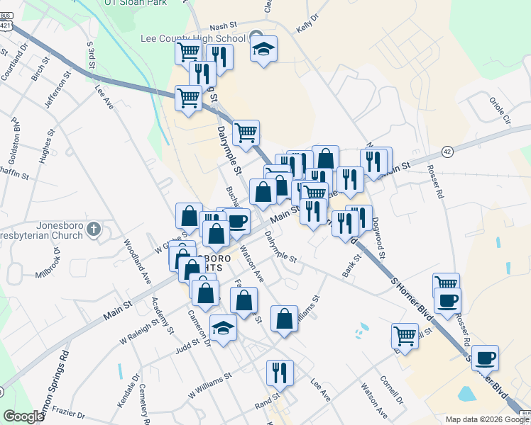map of restaurants, bars, coffee shops, grocery stores, and more near 2505 Dalrymple Street in Sanford