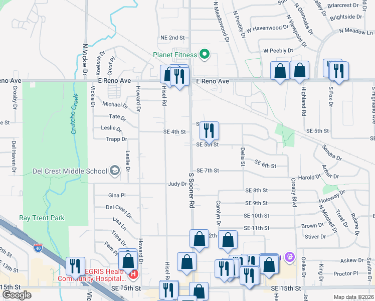 map of restaurants, bars, coffee shops, grocery stores, and more near 634 South Sooner Road in Midwest City