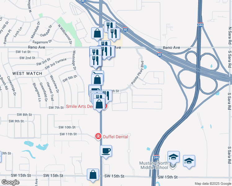 map of restaurants, bars, coffee shops, grocery stores, and more near 11300 Southwest 5th Street in Yukon