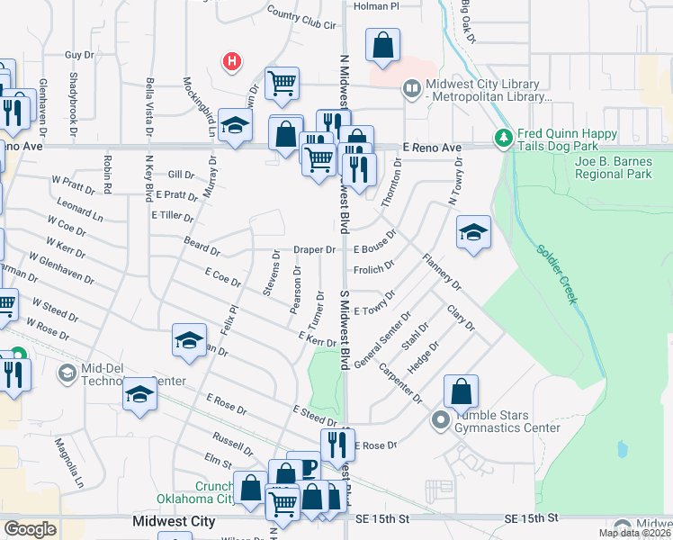 map of restaurants, bars, coffee shops, grocery stores, and more near 512 Draper Drive in Midwest City