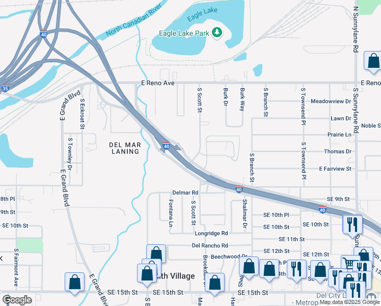 map of restaurants, bars, coffee shops, grocery stores, and more near 585-723 South Scott Street in Del City