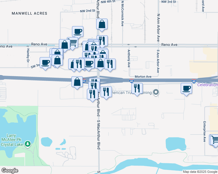 map of restaurants, bars, coffee shops, grocery stores, and more near 5725 Southwest 5th Street in Oklahoma City