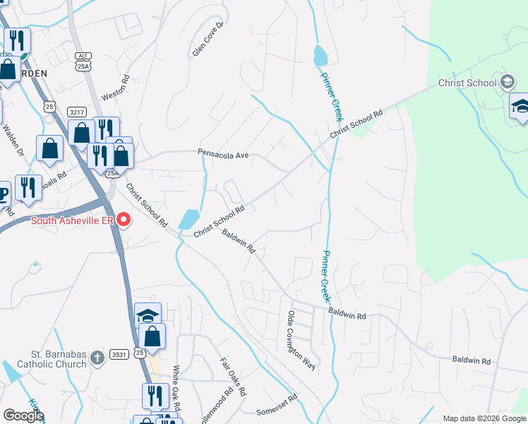 map of restaurants, bars, coffee shops, grocery stores, and more near 129 Christ School Road in Arden