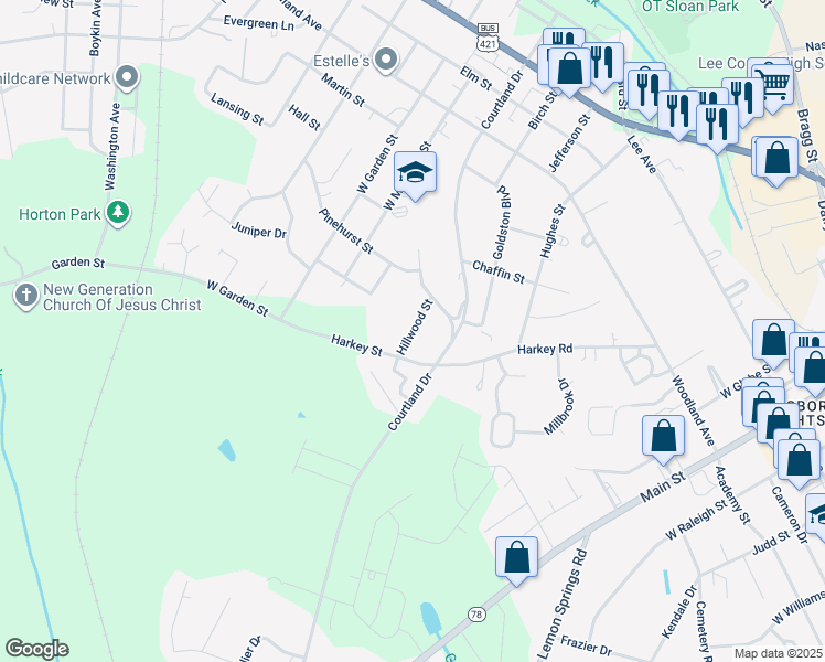 map of restaurants, bars, coffee shops, grocery stores, and more near Hillwood Street in Sanford