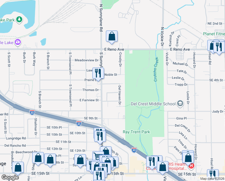 map of restaurants, bars, coffee shops, grocery stores, and more near 4328 Prairie Lane in Del City
