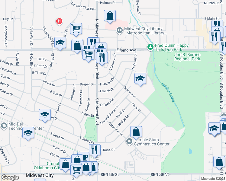 map of restaurants, bars, coffee shops, grocery stores, and more near 649 Frolich Drive in Midwest City