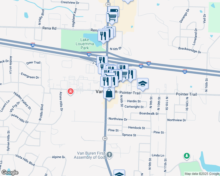 map of restaurants, bars, coffee shops, grocery stores, and more near 1600 Fayetteville Road in Van Buren