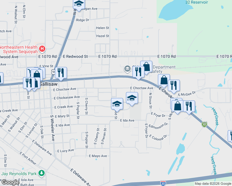 map of restaurants, bars, coffee shops, grocery stores, and more near 1015 East Choctaw Avenue in Sallisaw