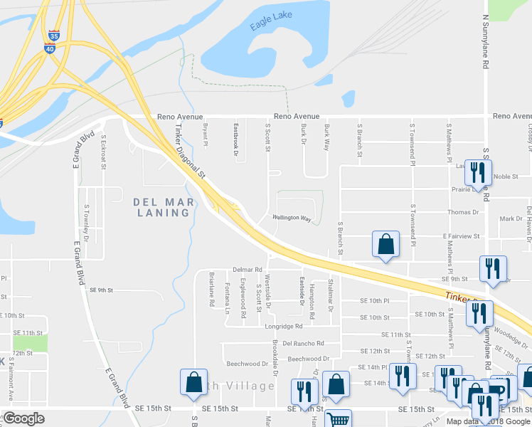map of restaurants, bars, coffee shops, grocery stores, and more near 723 South Scott Street in Del City