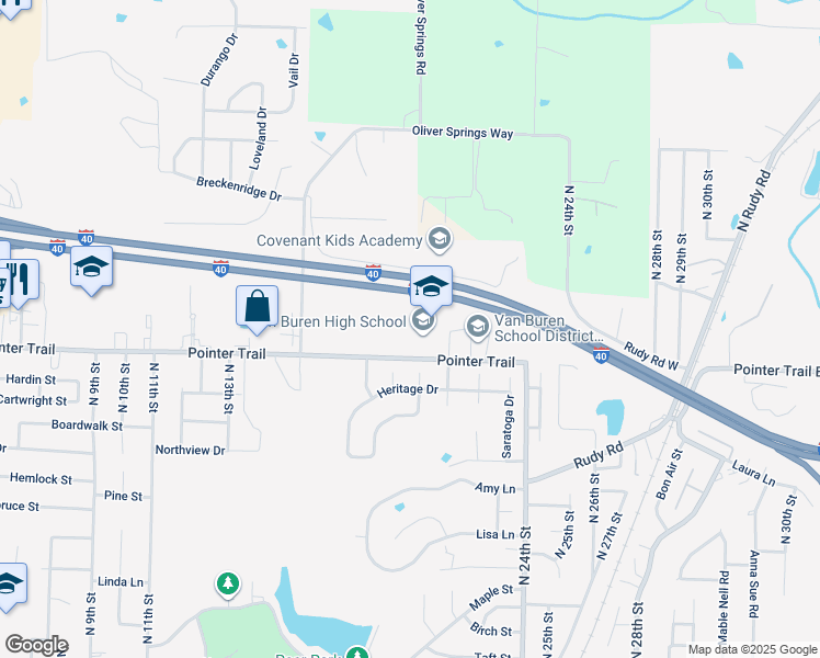 map of restaurants, bars, coffee shops, grocery stores, and more near 2001 Pointer Trail in Van Buren