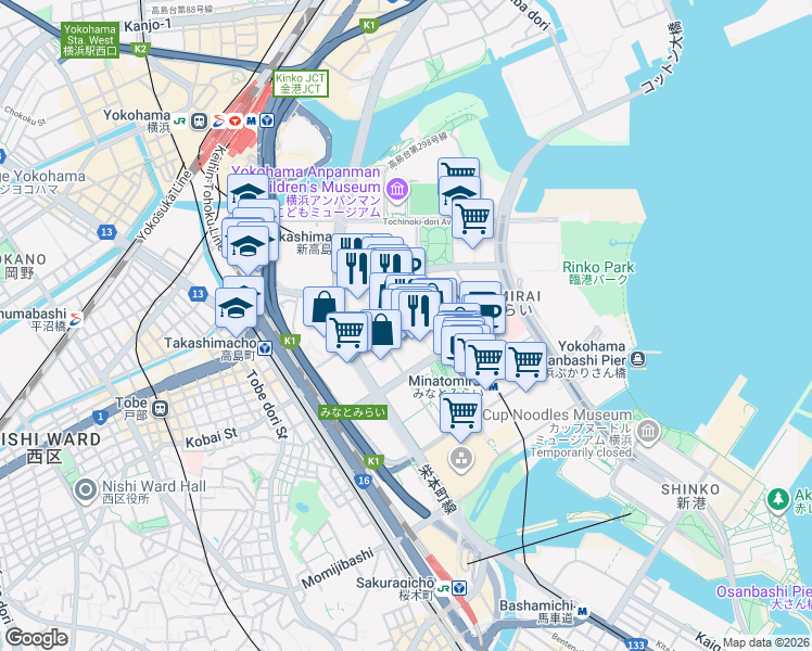 map of restaurants, bars, coffee shops, grocery stores, and more near in Yokohama