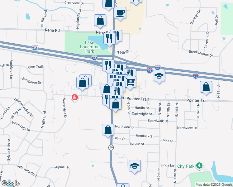 map of restaurants, bars, coffee shops, grocery stores, and more near 401 Pointer Trail in Van Buren