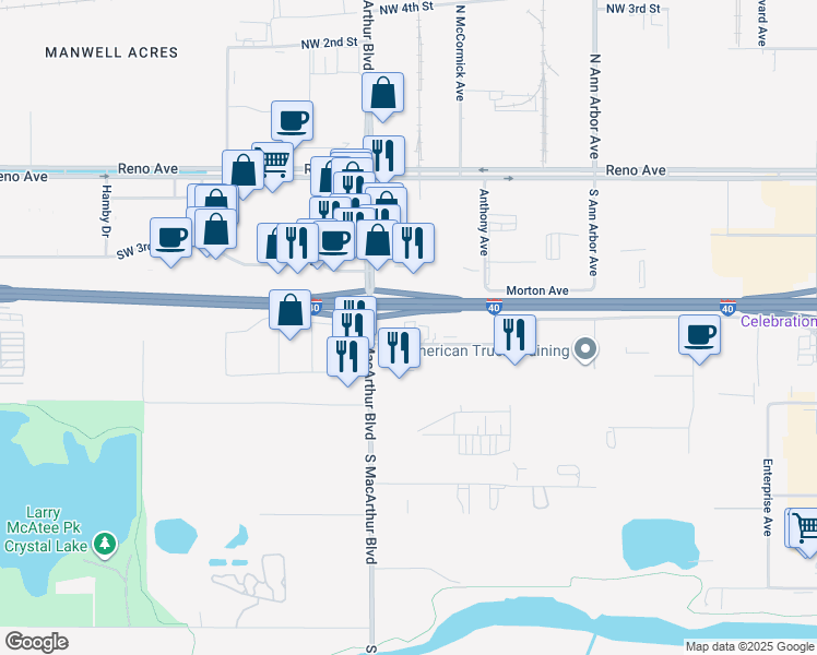 map of restaurants, bars, coffee shops, grocery stores, and more near 5725 Southwest 5th Street in Oklahoma City