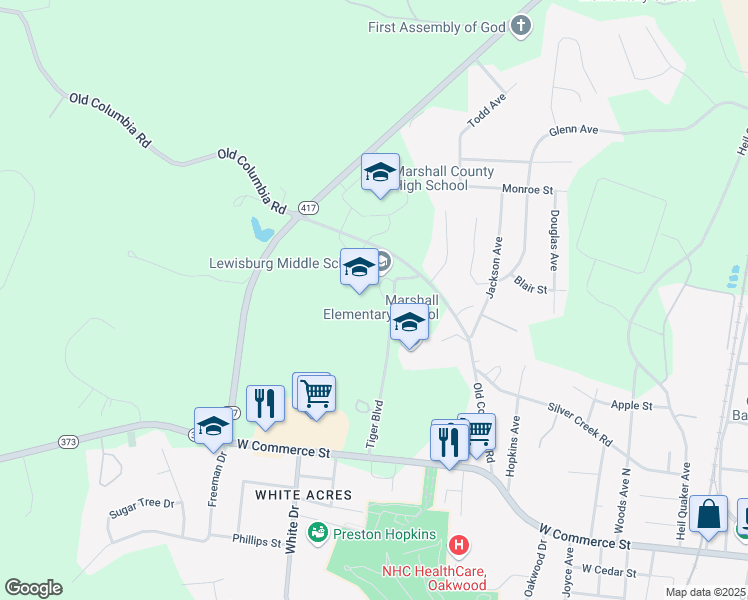 map of restaurants, bars, coffee shops, grocery stores, and more near 500 Tiger Boulevard in Lewisburg